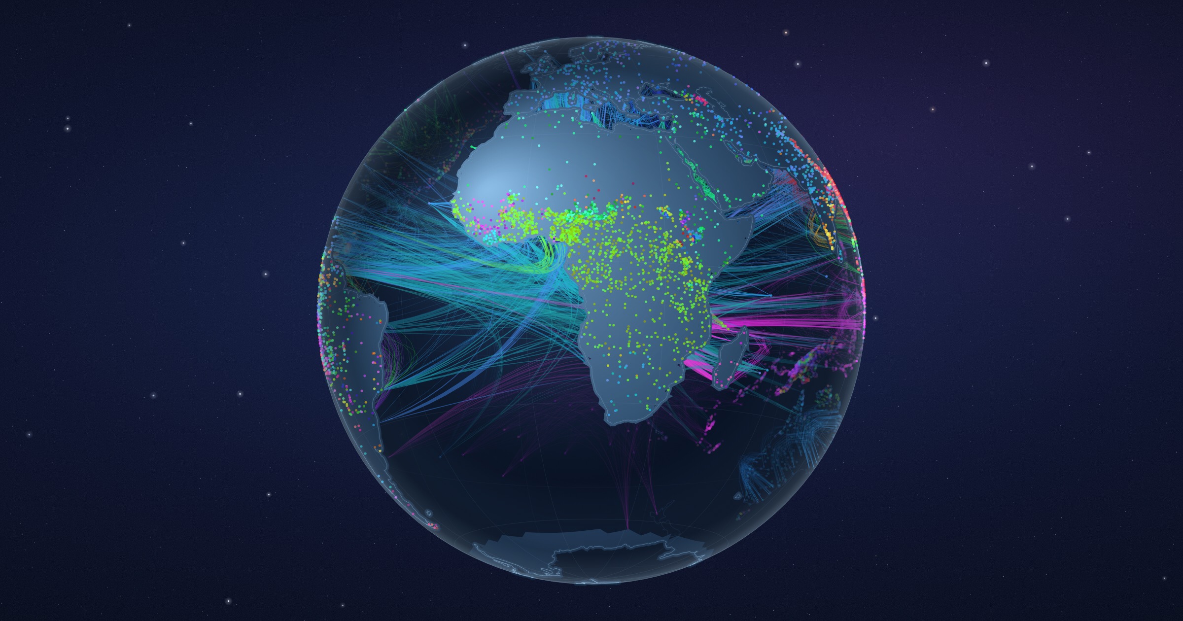 A globe seen from space with chords of light arcing between related languages through its interior.