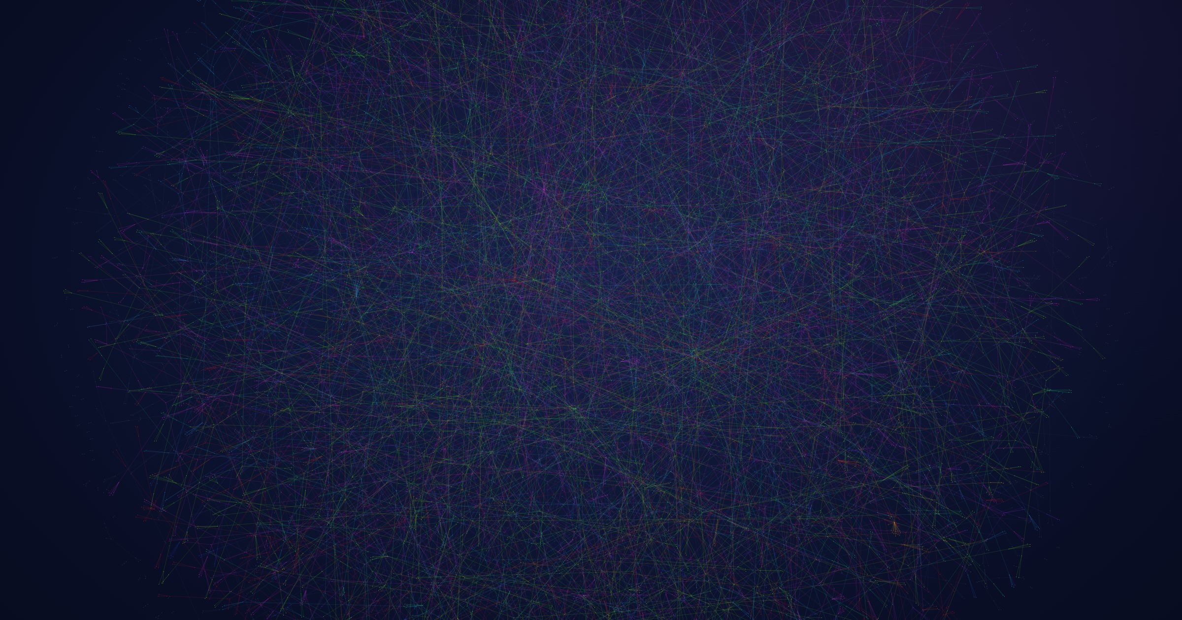A dense field of thousands of coloured points and fine connecting lines, every family tangled through every other.