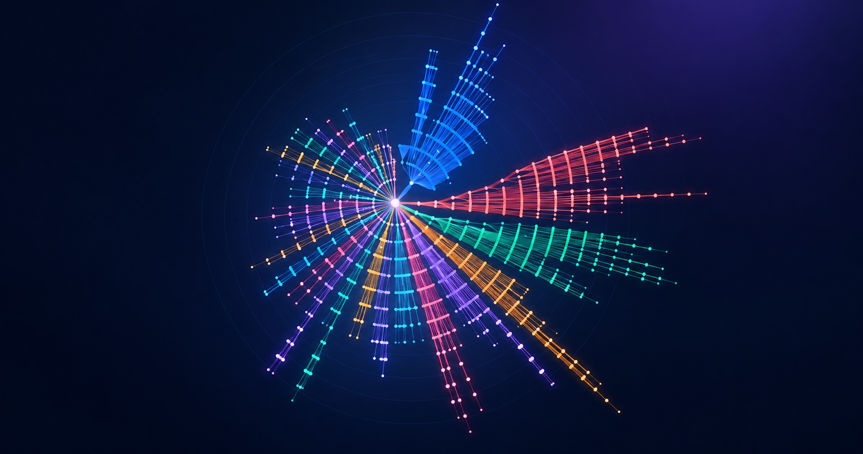 Illustrative radial tree with coloured family branches on a midnight background.